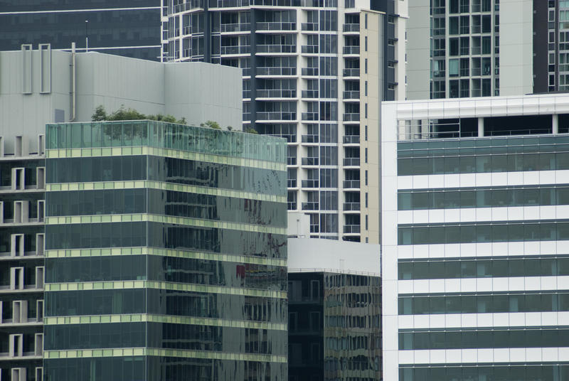 Urban office environment with the facades of various highrise commercial office blocks