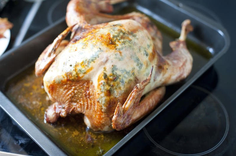 Whole golden roast turkey standing in its juices in a roasting pan ready to be served for a festive meal such as Thanksgiving or Christmas